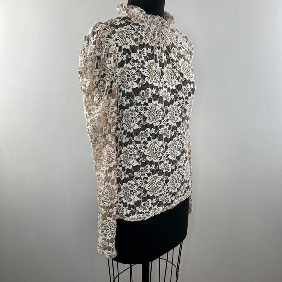ANTHROPOLOGIE DOLAN Sheer Ivory Lace Puff Sleeve Mock Neck Blouse Top Size M NEW - Picture 6 of 13